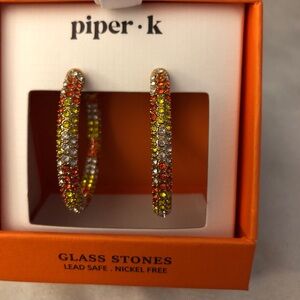 Piper K Gold Tone C-Hoop Earrings Candy Corn Glass Crystal Accents NIB